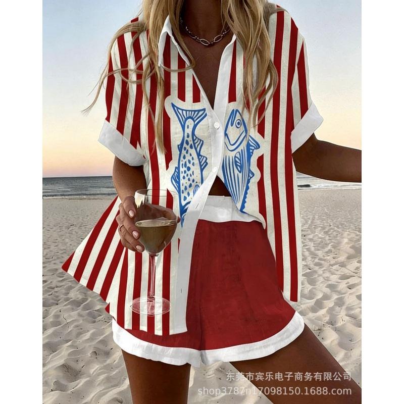 Conjunto de pantalones cortos de playa y camisa de manga corta para mujer, multicolor, vida marina, ocio, vacaciones, conjunto de dos piezas