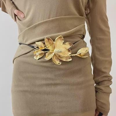 Golden Tulip Flower Belt: Retro Black Leather Waist Chain with Skirt Jeans Accent