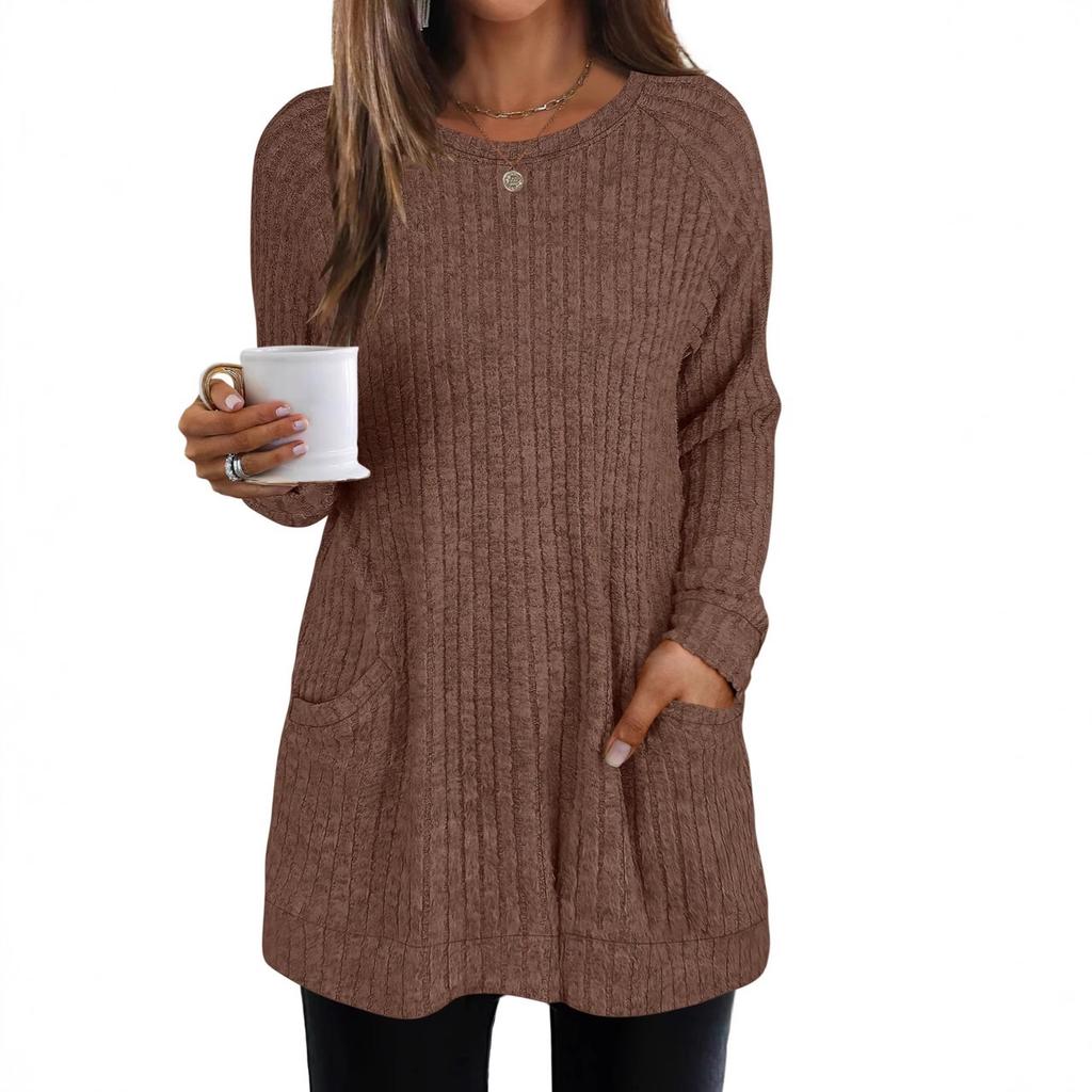 Women's Crew Neck Long Sleeve Knit Tunic Loose Fit Elegant Casual Solid Color Pocket Long Top Fall Pullover Shirt