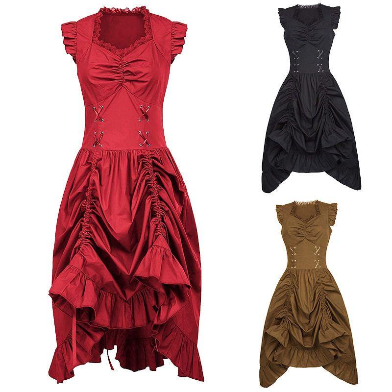 Foreign Trade Hot-Selling European and American Plus-Size Steampunk Gothic Victorian Era Ruffled Sleeveless Dress for Women