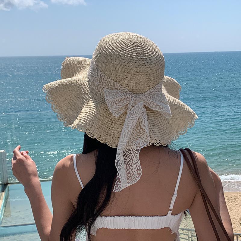 Straw hat female lace bow large brim foldable sunscreen visor seaside beach sweet bucket hat