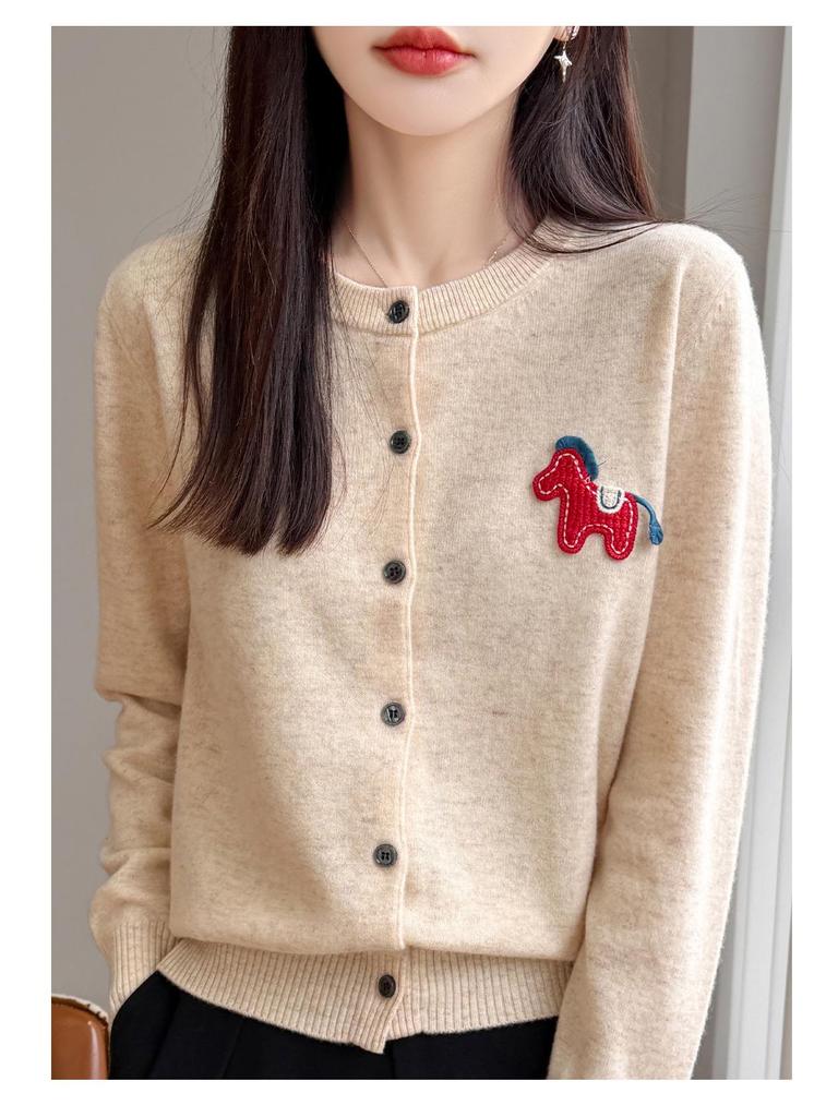 Korean Little Pony Embroidered Round-Neck Red Knit Cardigan: Women's Loose Fit High-End Style Sweater