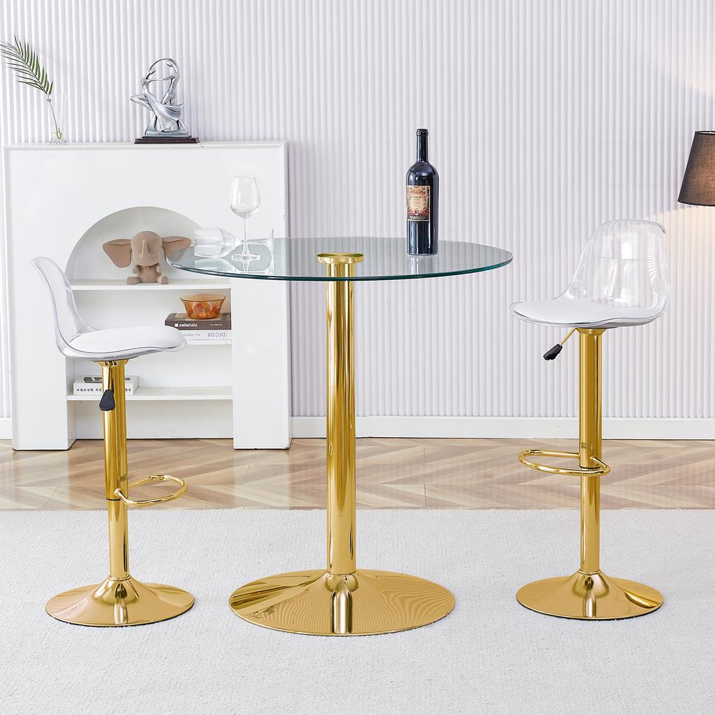 Flexible Bar Set: 89 cm Glass Table + 2 Stools with Gold-Colored Legs, Height-Adjustable & Rotatable.