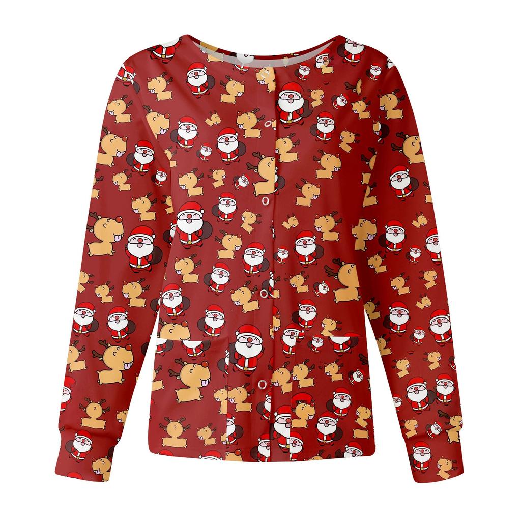 Damskie bluzki z długim rękawem, kieszeniami, stójką, jednorzędowymi kombinezonami ochronnymi, kurtka Top Christmas