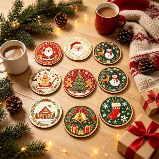 Christmas Wooden Coasters 9Pcs Set, Heat Resistant Cup Mats, Waterproof Non Slip Drink Round Table Protection Mats for Home Office Desk Accessories