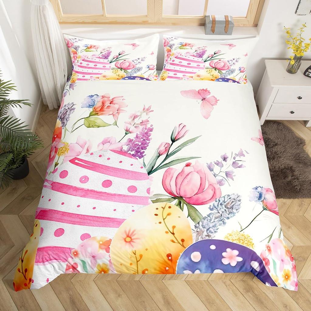 Easter Eggs Duvet Cover Boys Girls Cartoon Colorful Egg Theme Bedding Set Happy Easter Comforter Cover Floral Flower Quilt Cover