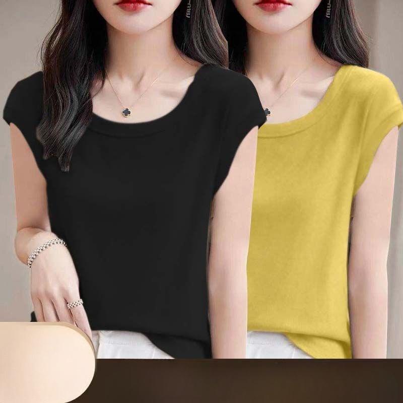 Women Modal T Shirt Short Sleeve Summer Slim Fit Flutter Sleeve Round Neck Comfortable Casual Tee