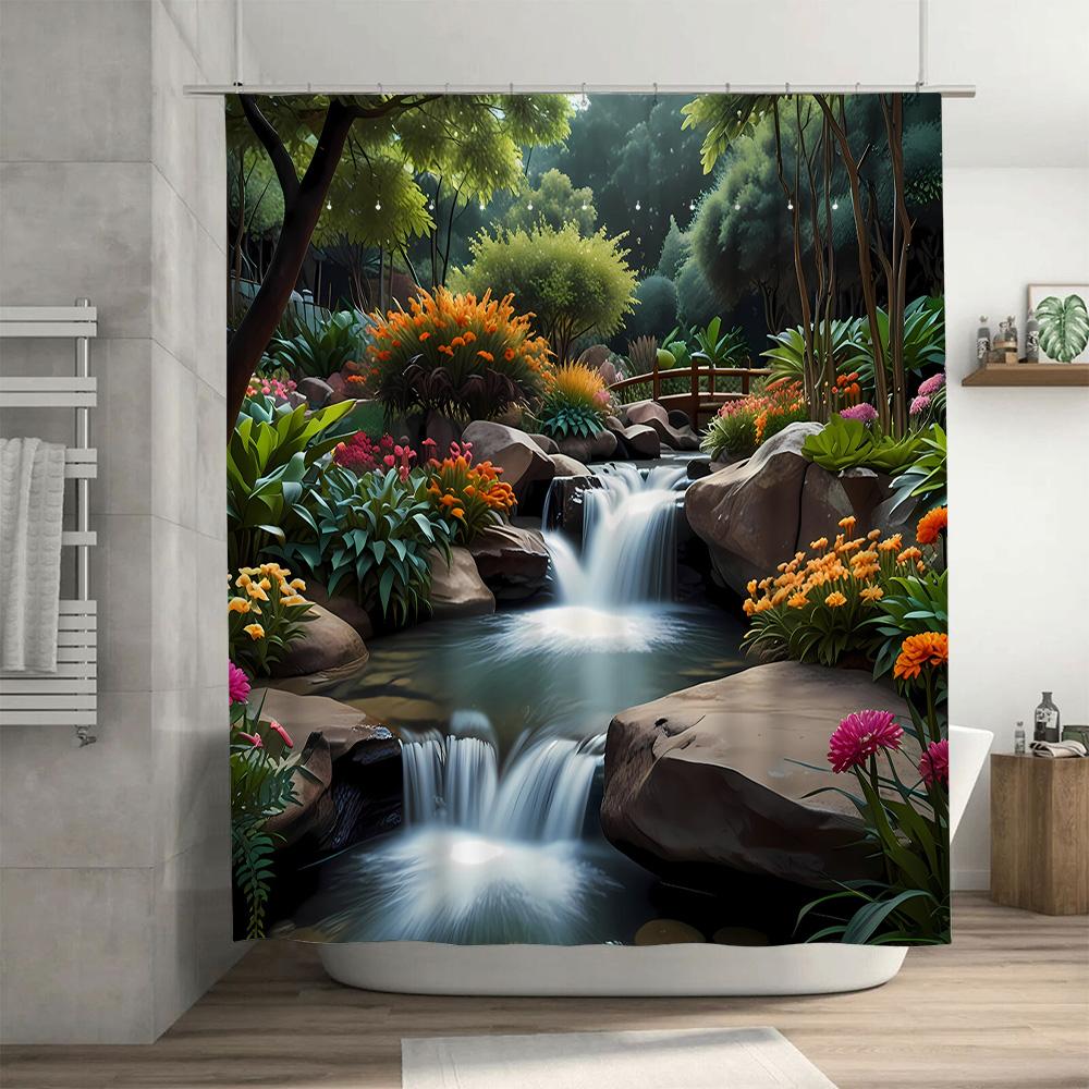 3D Printed Shower Curtain Garden Waterfall Design with Vivid Flowers Rockery Waterproof Bath Decoration for Home Decorations.