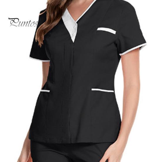 Contrasting Color Decoration Nurse Uniform Scrubs Tops Women V-neck Short Sleeve Pockets Design Overalls Uniforms Patchwork Nursing Working