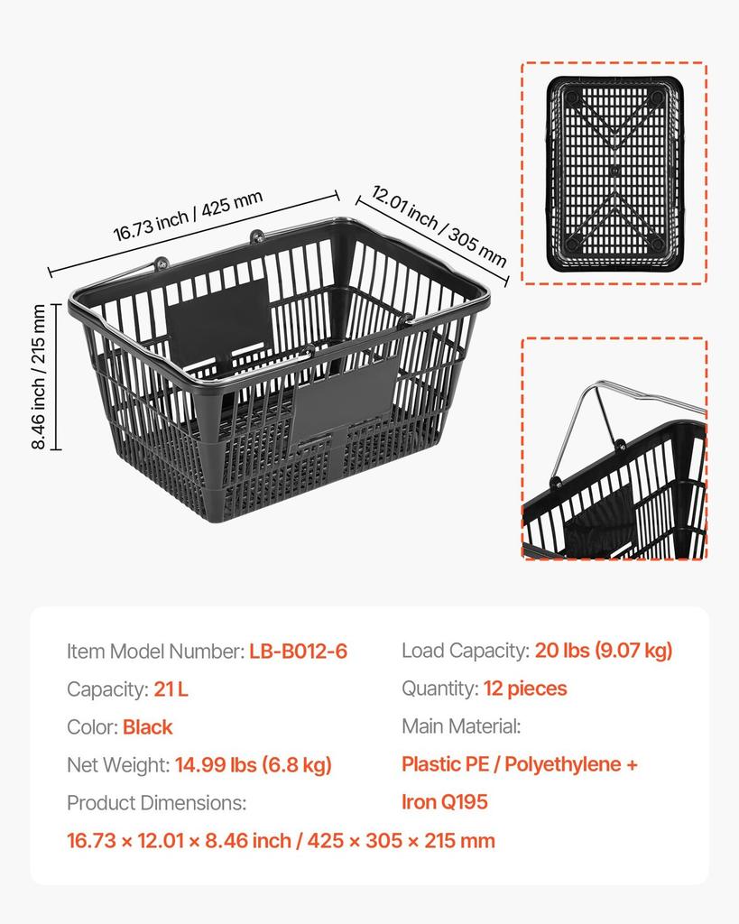 Shopping Baskets, 12 PCS, 21L Stackable PE Plastic Grocery Baskets with Handles, Dense Mesh Structure, Holds up to 9.07kg, Portable for Grocery,