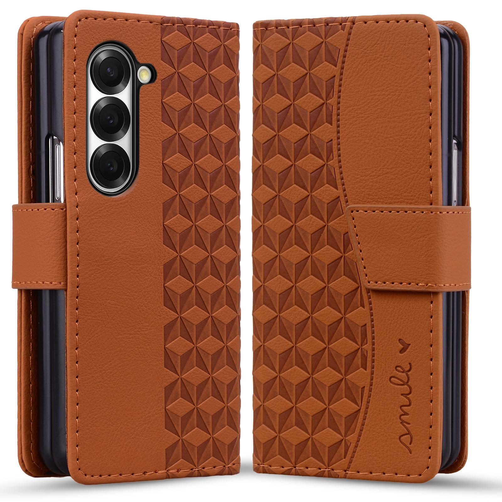

For Samsung Galaxy Z Fold7 5G Case Rhombus Pattern Leather Wallet Phone Cover with Wrist Strap Brown