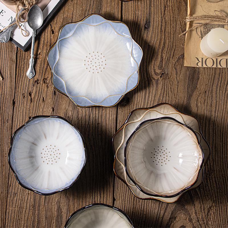 European Lotus Ceramic Irregular Plate and Salad Bowl Set