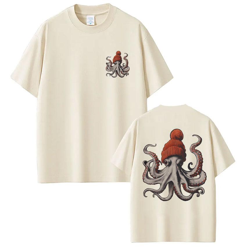 Octopus Wearing Beanie Vintage Style Graphic T Shirt Men Women Fashion Funny 90s Short Sleeve Oversized Cotton T-shirts