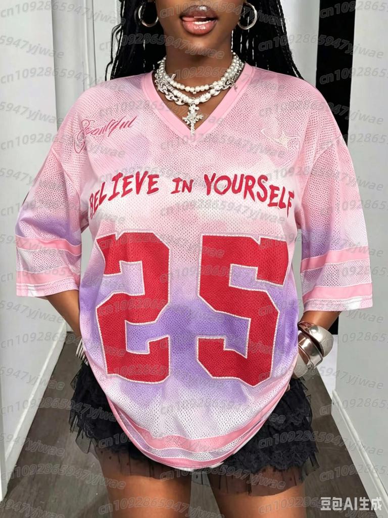 Nr. 25 Modisches Sportliches V-Ausschnitt Jersey T-Shirt für Damen Netzstoff V-Ausschnitt T-Shirt Sommer Harajuku Trend Kurzarm Streetwear Tops