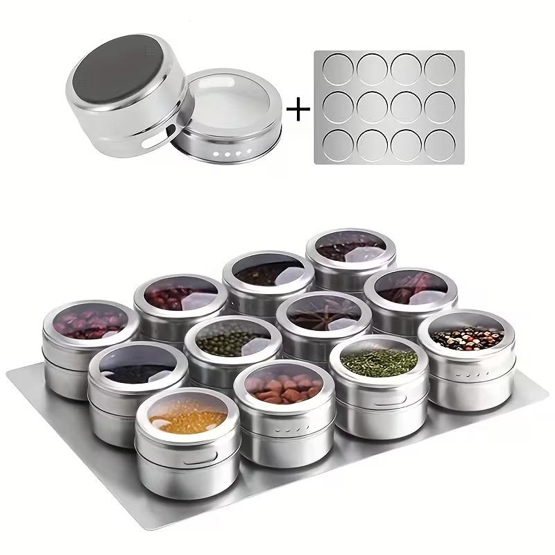 12pcs Magnetic Seasoning Jars with Base Seasoning Jar & Visible Window Stainless Steel Spice Containers Kitchen Accessories Set