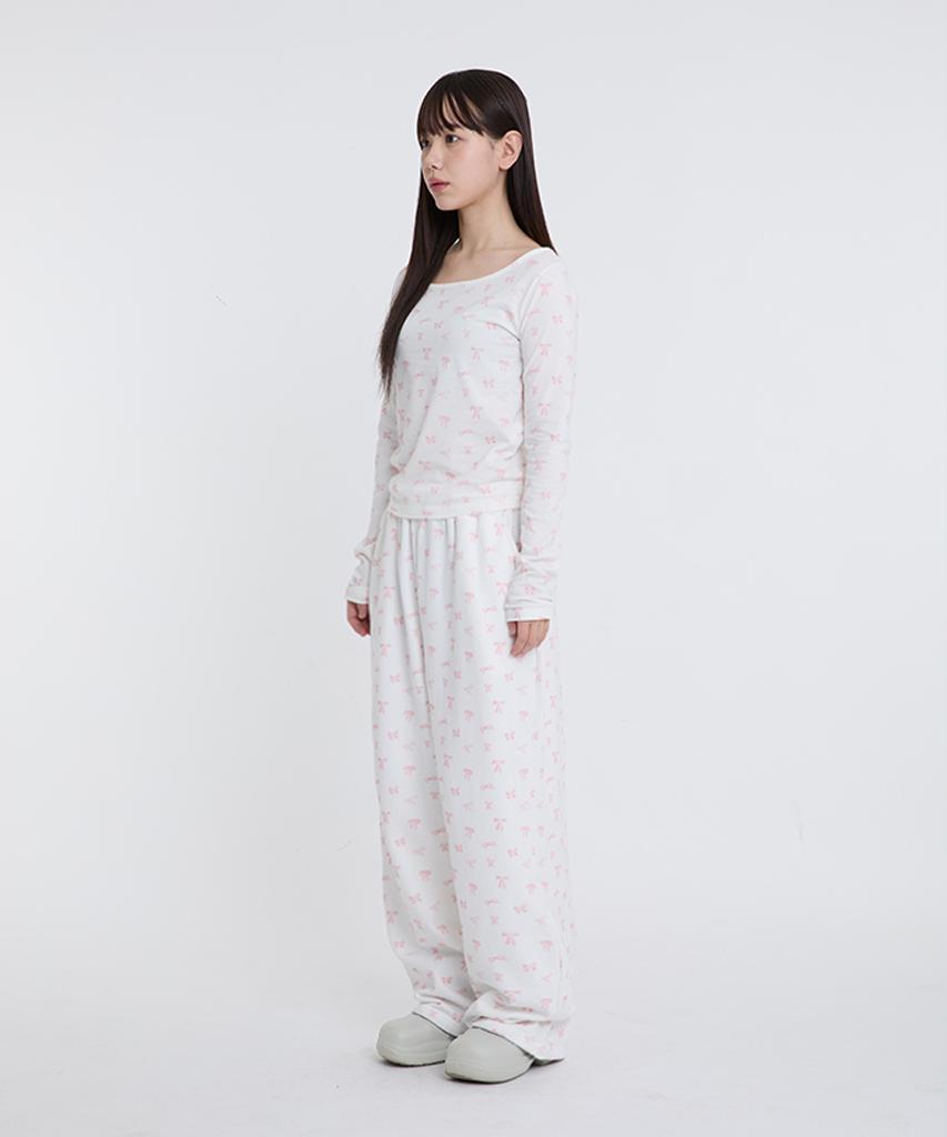 ESCAPEFROM Pink Ribbon Full Print Sweatpants Ivory