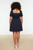 Women's Style Plus Size Navy Blue Woven Collar Detailed Dress