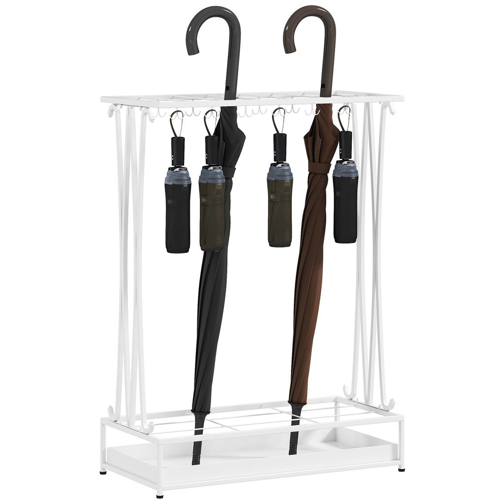 Umbrella Stand with Removable Drip Water Tray, Umbrella Stand with 21 Openings and 24 Hooks, Steel, White