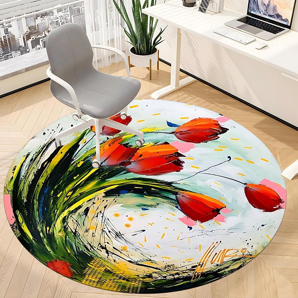 1PC Floral Abstract Office Round Area Rug, Mat Suitable For Office, Under Office Chairs Bedroom Living Room Home Decor, Room Deco