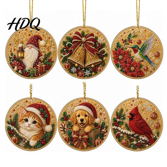 2D Acrylic Santa Ornaments 6 Pcs Christmas Pearl Art Ornaments Flat Holiday Tree Pendant Creative Effect Hanging Decoration for Home Wall