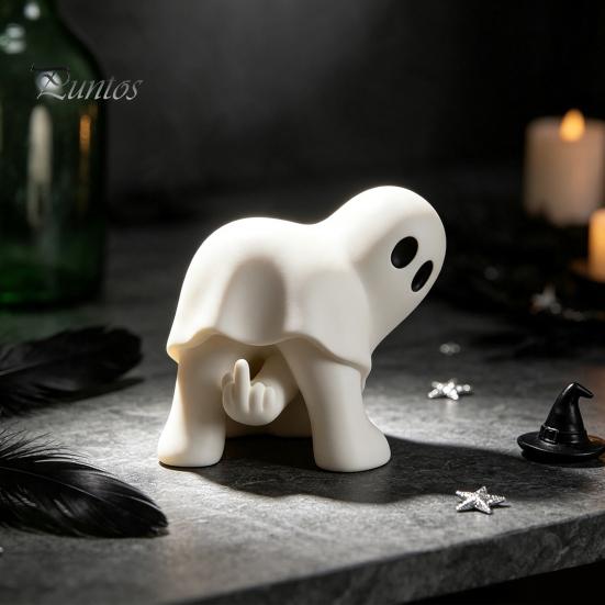 Funny Gesture Ghost Decor Halloween Figurine with Middle Finger, Cute Statue, Matte White Sculptures Spooky Resin Humor Desk for Party Home