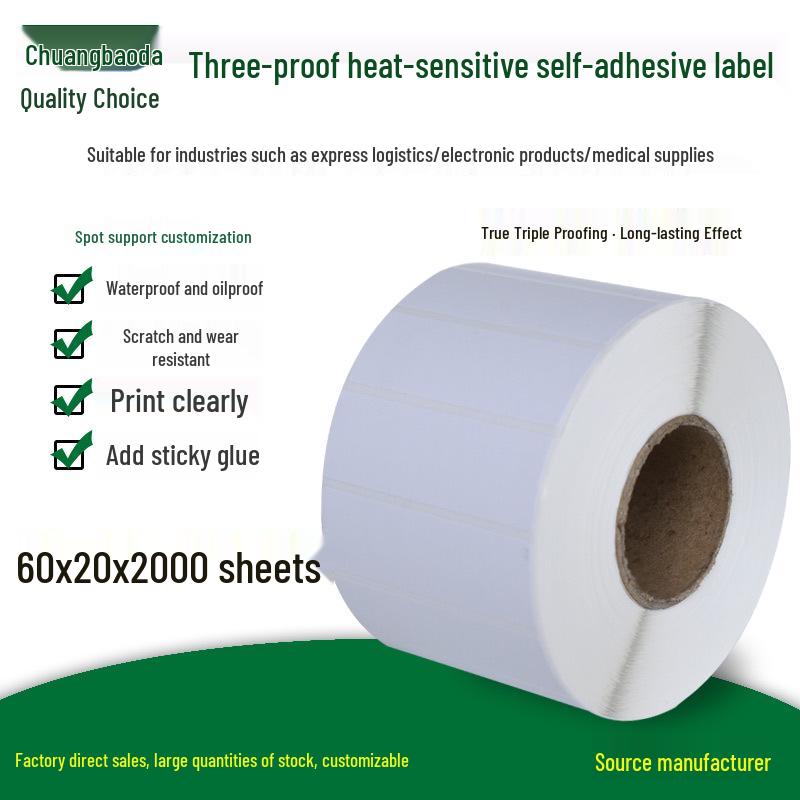 Durable Thermal Adhesive Labels, 60x20mm, 2000 Sheets, Barcode Stickers Yes