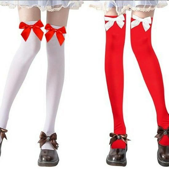 Women's Lace Trim Erotic Silk Thigh-High Stockings with Bow