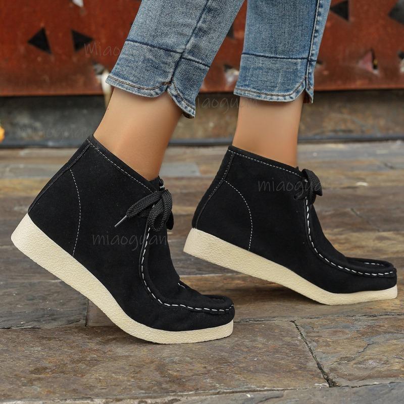 Women's Flat Single Boots Autumn New Round Head Suede Front Lace-up Soft Sole Non-slip Ankle Boots Botas Para Mujer