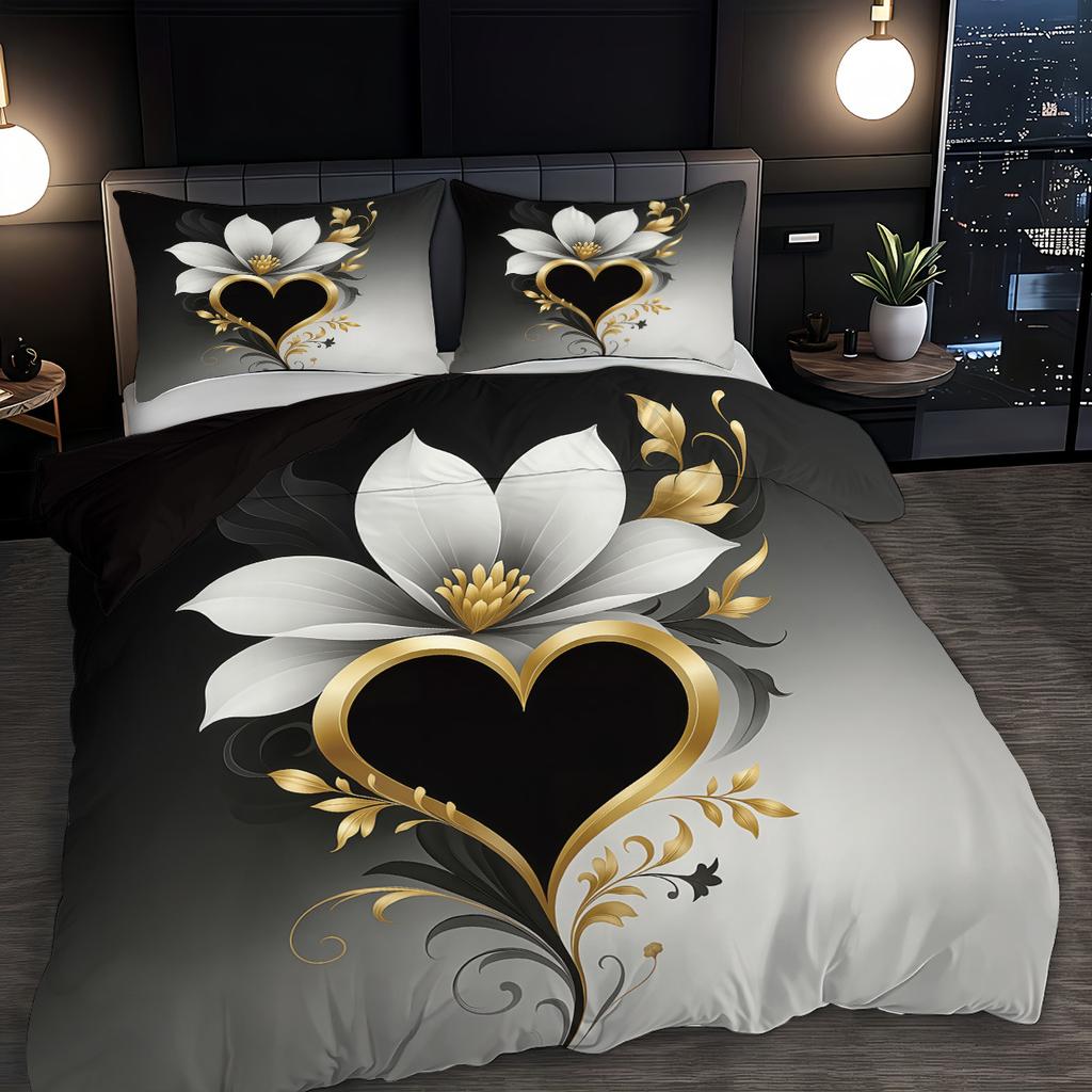 Black White Bedding Set Golden Flowers Soft Comfortable Duvet Cover King Queen Twin Single Size for Bithday Gift Room Decoration
