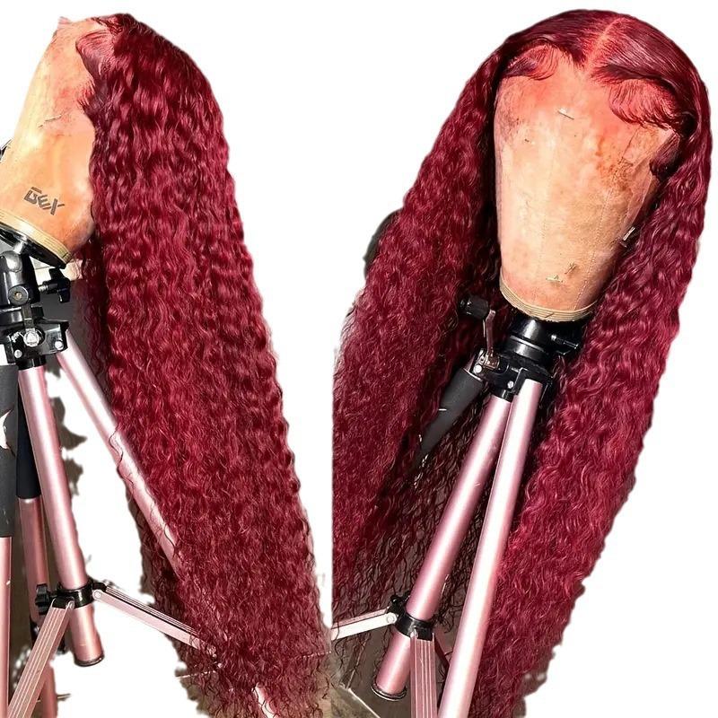 Fashionable wine red small curly wig with front lace small curling tube long curly hair full headgear wig