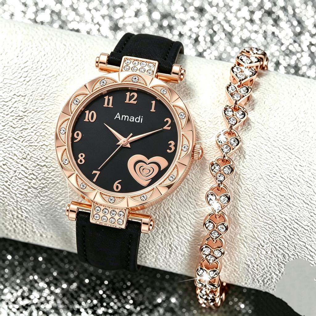 Women'S Diamond Quartz Watch Fashion Belt Watch Two-Piece Set Light Luxury Bracelet Set Women'S Watch