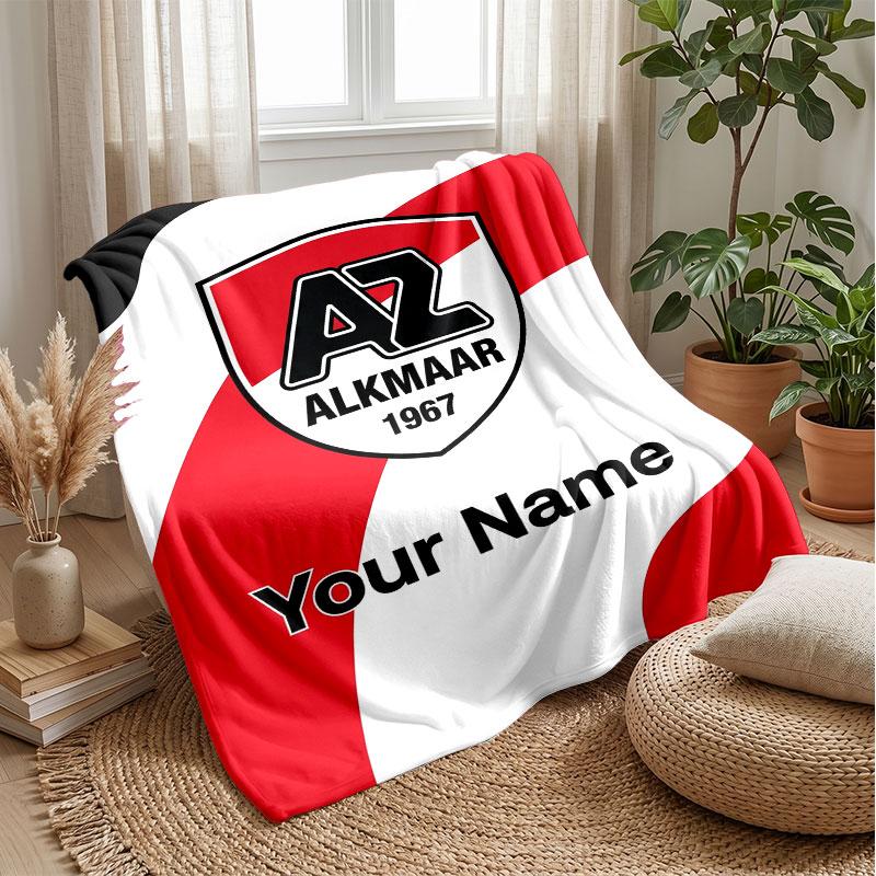 Couverture en Flanelle Personnalisée avec Nom et Texte AZ Alkmaar Logo de Football Couverture Polaire Personnalisée Cadeau Spécial pour Canapé Chambre Maison