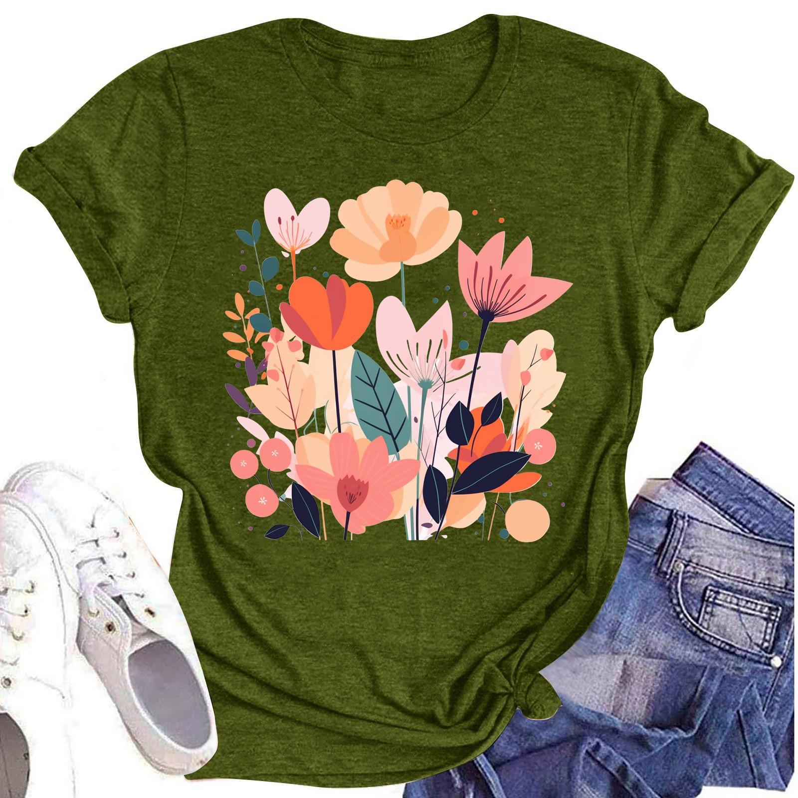

Женская повседневная футболка с круглым вырезом и цветочным принтом, короткий рукав L армия зеленый