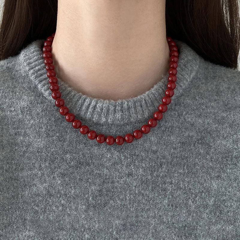 6-12mm Round Glass Red Beads Strand Beaded Necklace Choker for Women Wholesale Silver Plated Chain Chokers Jewelry New Year Gift
