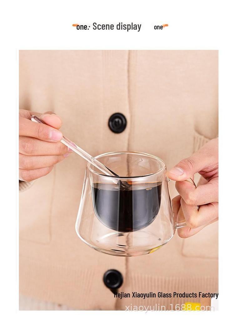 Heat-Resistant Double-Layer Glass Coffee Mug with Wooden Tray, 200ml