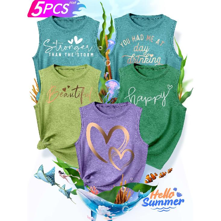 2026New Women's vest5Pieces Letter Heart Gold Foil Print Simple, Stylish, Casual, Versatile, Comfortable, Soft, Skin-friendly Spring/summer Top S-XXL