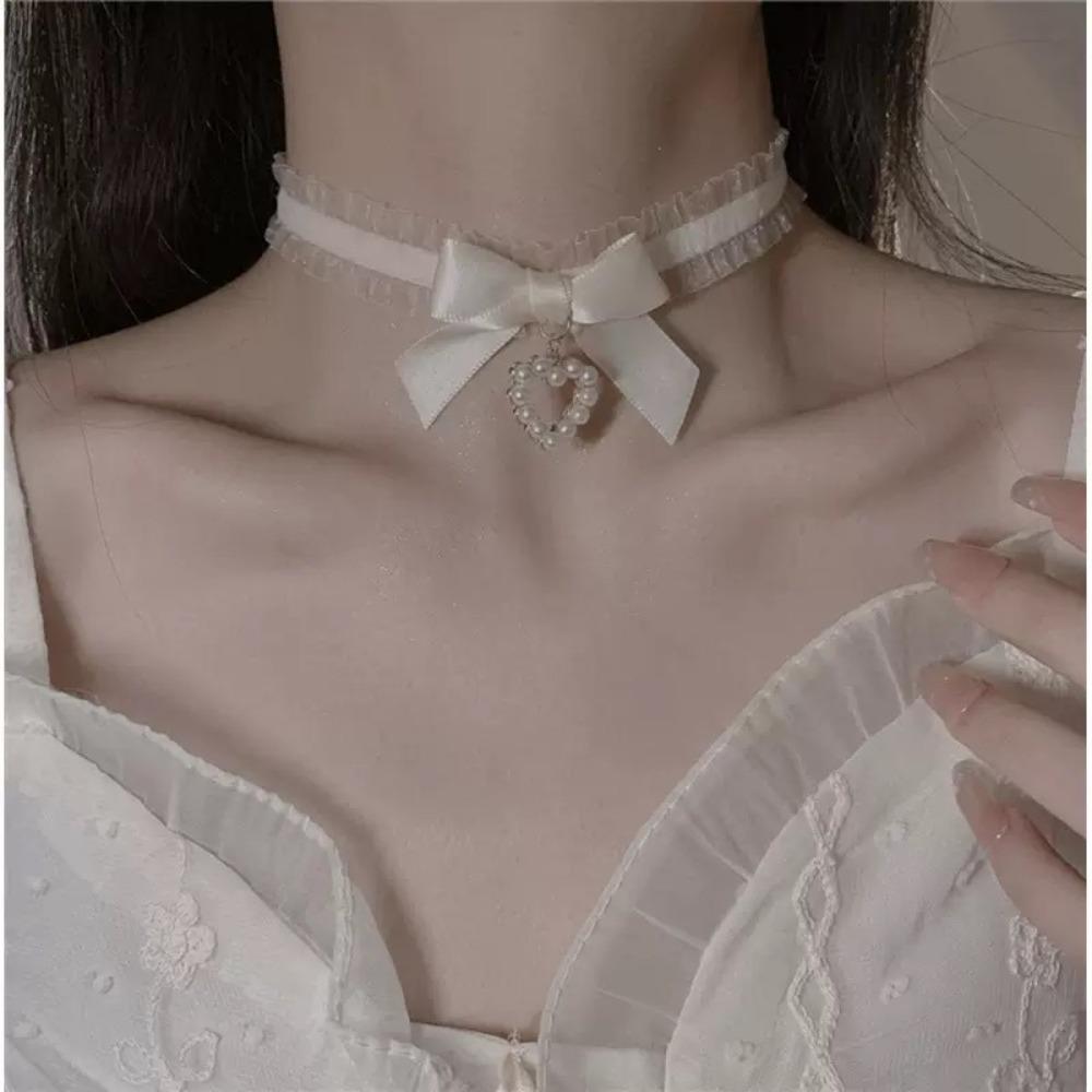Collier ras-du-cou Lolita Rose Dentelle Nœud Perles Franges Pendentif Cœur pour Femmes Y2K Princessse Gothique Collier Cosplay Bijoux de Fête