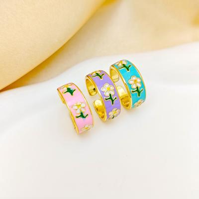 Handmade Geometric Glaze Drip Flower Stud Earrings & Ring Set for Women