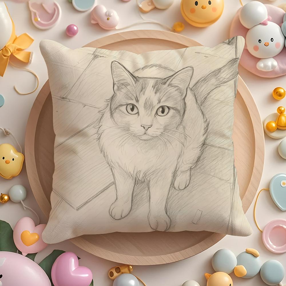 Cat Sketch Cushion Cover Short Plush Double-Sided Printing Home Machine Washable In Warm Winter Pillow Cover