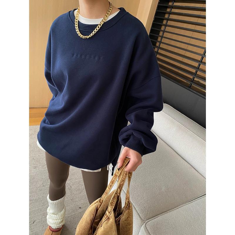 Sinan Holiday Blogger Style Embroidered Round Neck Drop Shoulder Plus Velvet Sweater SN6840