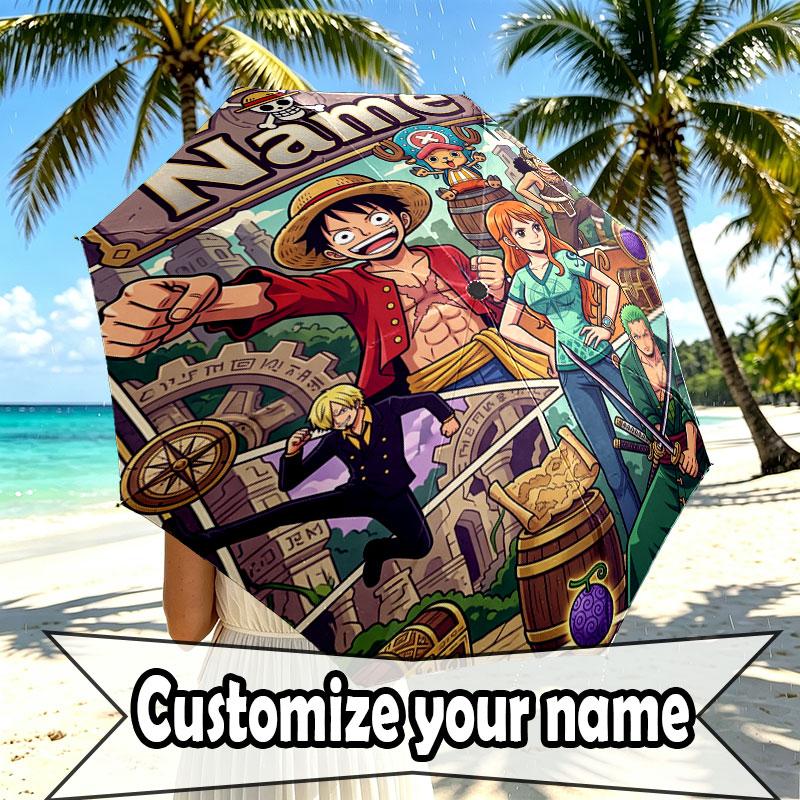 Custom Name Personalized ONE PIECE Print Umbrella, Auto Open Close, 8‑Rib Sturdy Frame, Commute Camping Hiking Use, Birthday Gift