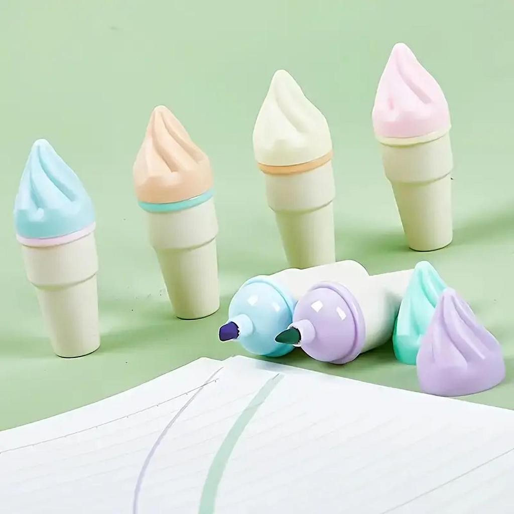 6pcs Mini Ice Cream Cone Highlighter Pens - Cute Fluorescent Markers In Pastel Colors for Note-Taking and Journaling