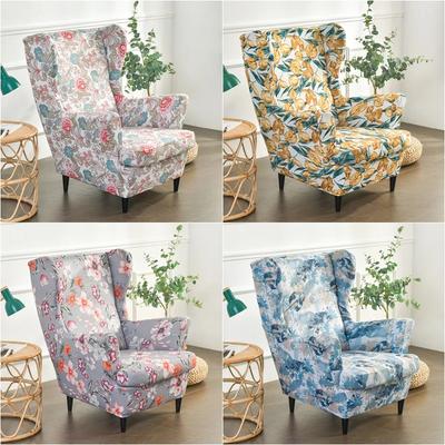 Floral Printed Wing Chair Slipcover Stretch Spandex Armchair Cover Relax Sofa Covers With Seat Cushion Covers Footstool Cover