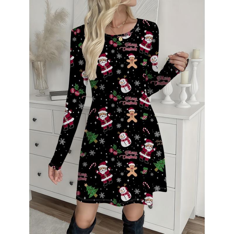 Winter Christmas Snowflake 3D Print Cute Santa Claus Women Dresses Fashion Long Sleeve Festival Ladies Loose A-Line Dress