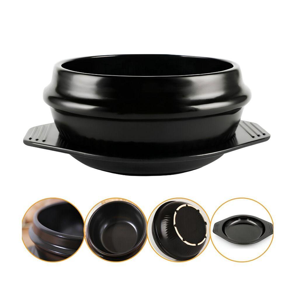 Hliněný hrnec na zapékání velikosti 16 cm s podnosem, protihorký, na bibimbap, nepřilnavý, černý, klasický keramický hrnec na polévku, čínská kuchyně