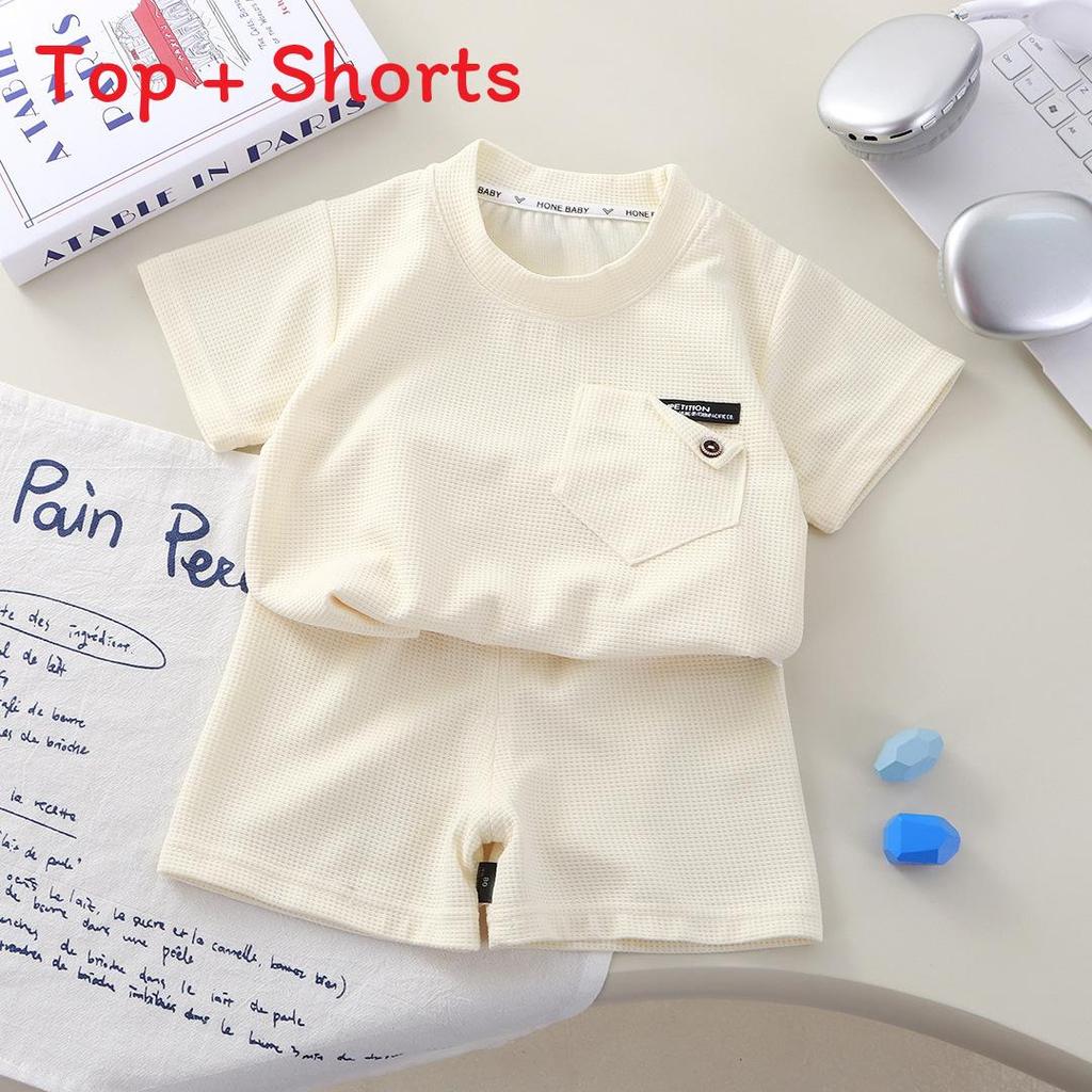 Kids Summer Waffle Short Sleeve Set With Soft Polyester For Toddler Active Play