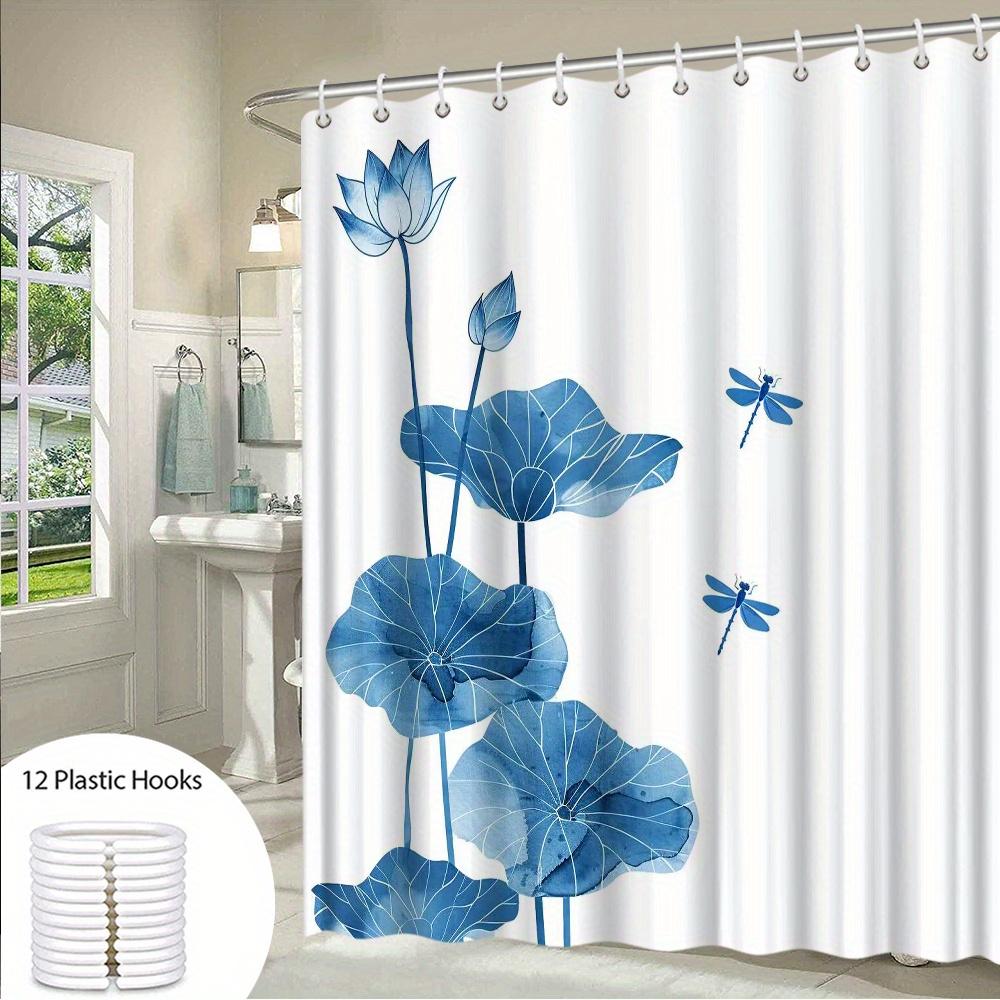 1pc Large Blue for Lotus & Dragonflies Shower Curtain - Elegant Bathroom Window Divider with 12 Hooks, High Quality Polyester