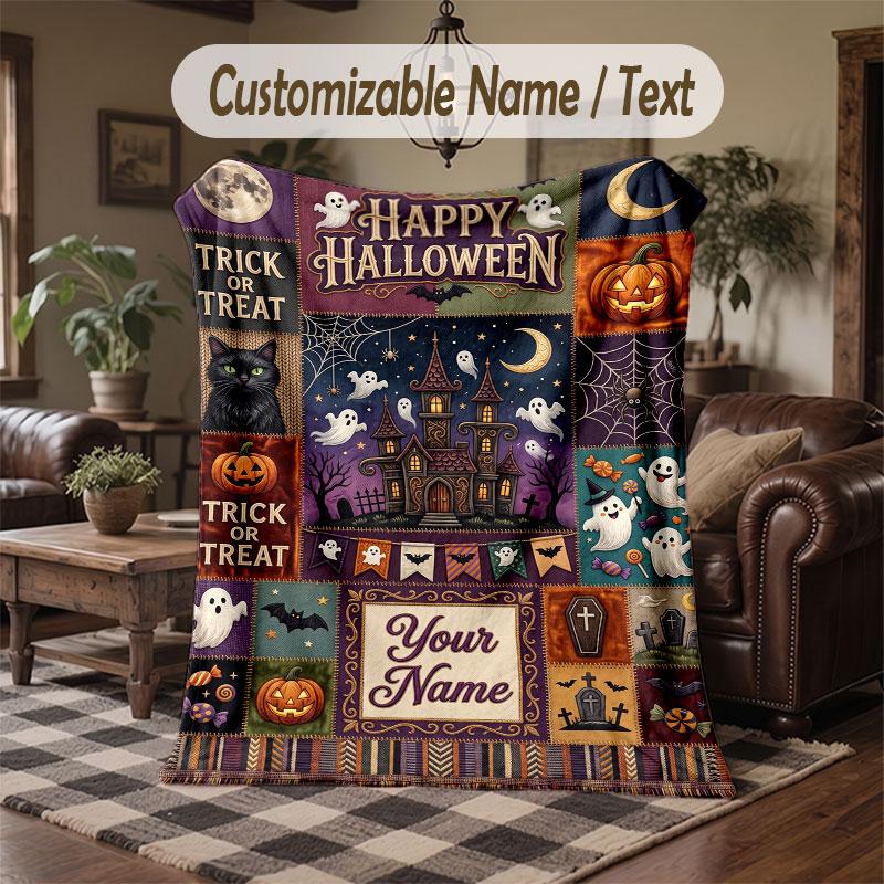 Halloween Theme Throw Blanket Custom Name Text Personalized Blanket Soft Cozy Blanket for Home Sofa Bed