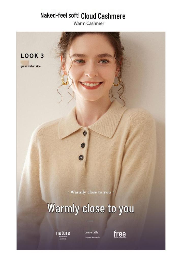 Women's 2024 Autumn/Winter Cashmere Polo Neck Half-Button Loose Slimming Pullover Sweater