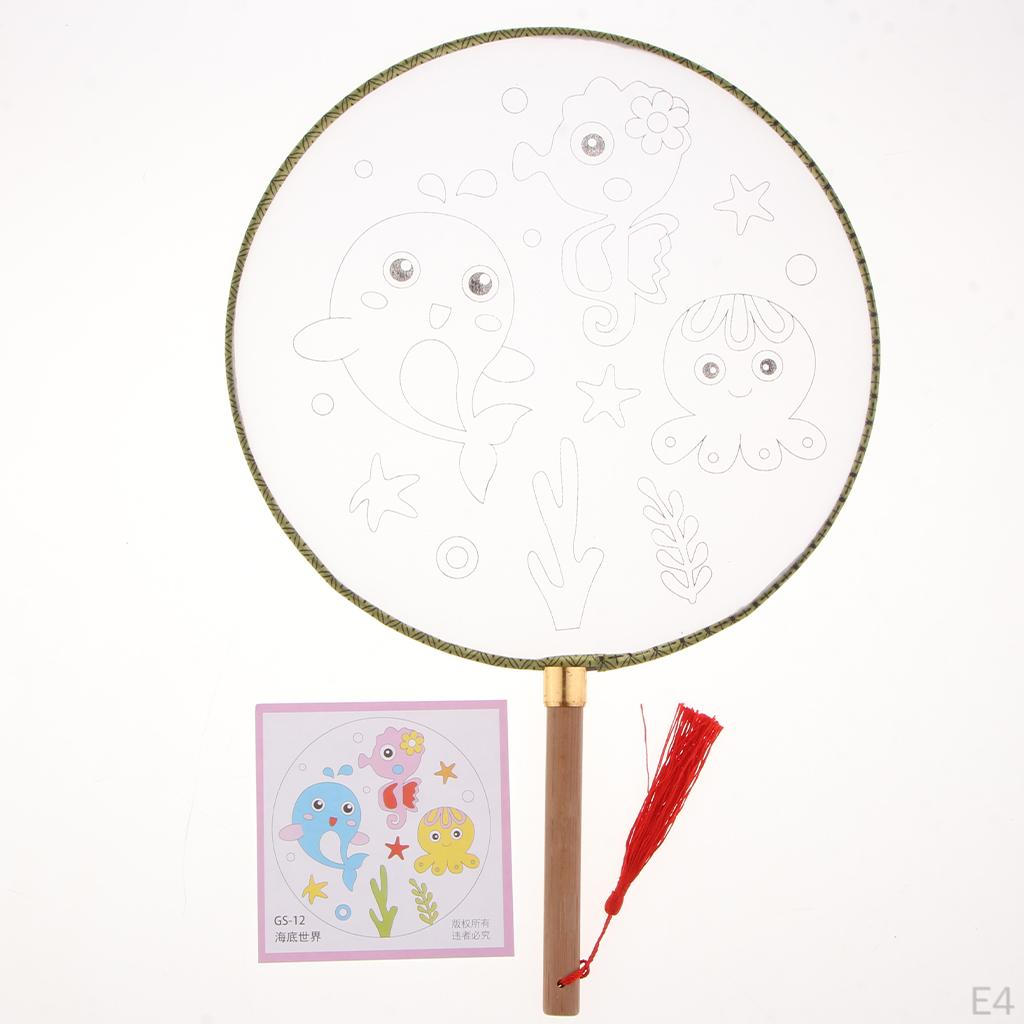 1 piece Ancient Handheld Fan Round Paddle Mandarin Handle with Fabric, Blank Patterns